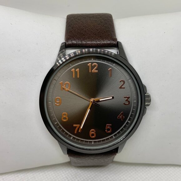 FMD men watch 45mm quartz analog black tone dial brown leather band running - Picture 1 of 8